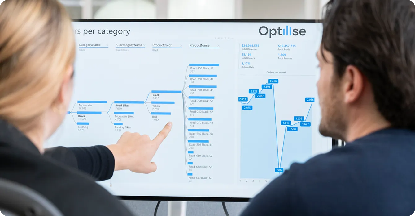 Twee Optilise-collega’s bekijken een Power BI-dashboard