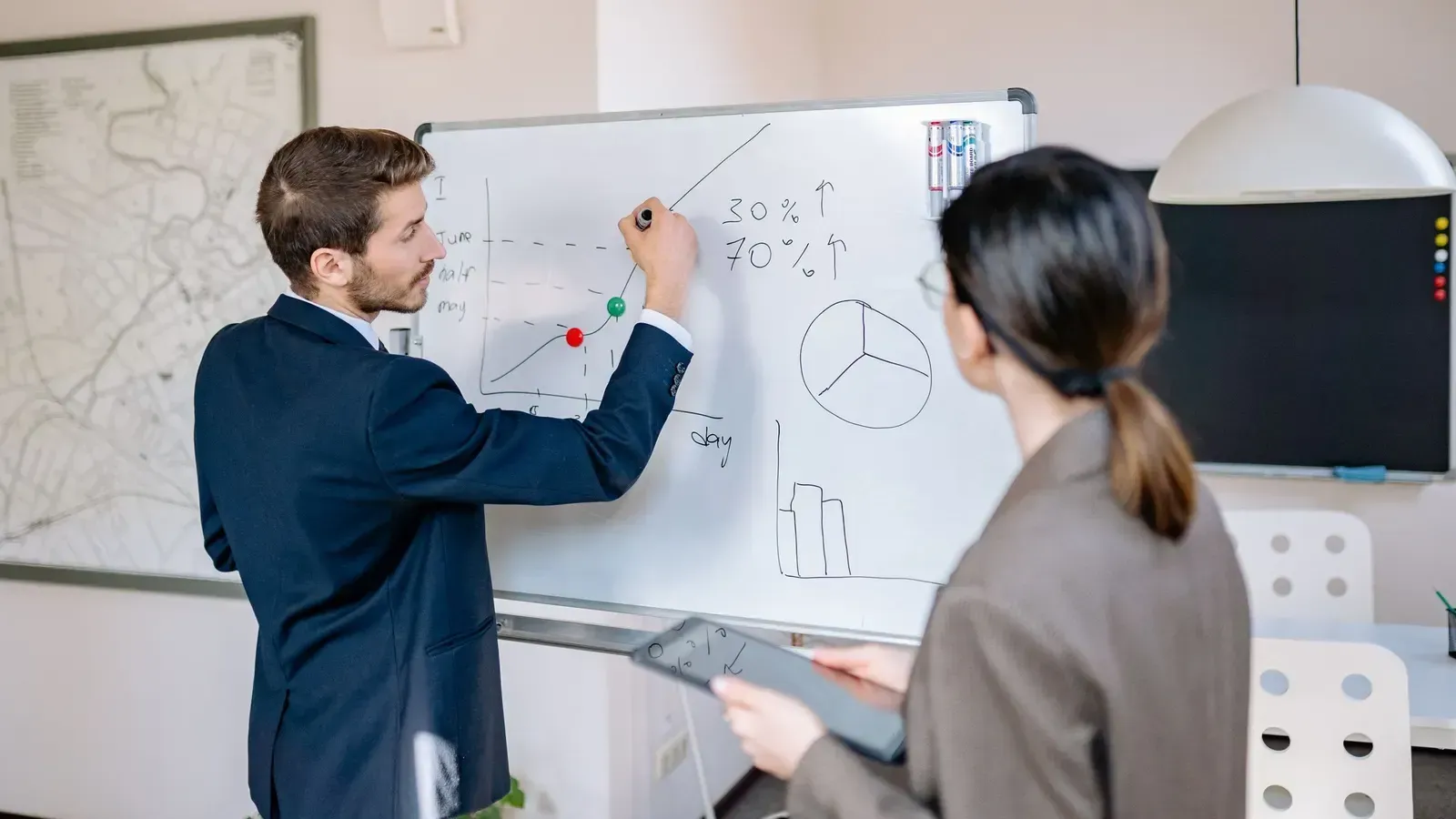 Man drawing a growth curve with target percentages on a whiteboard while a colleague with a tablet looks on
