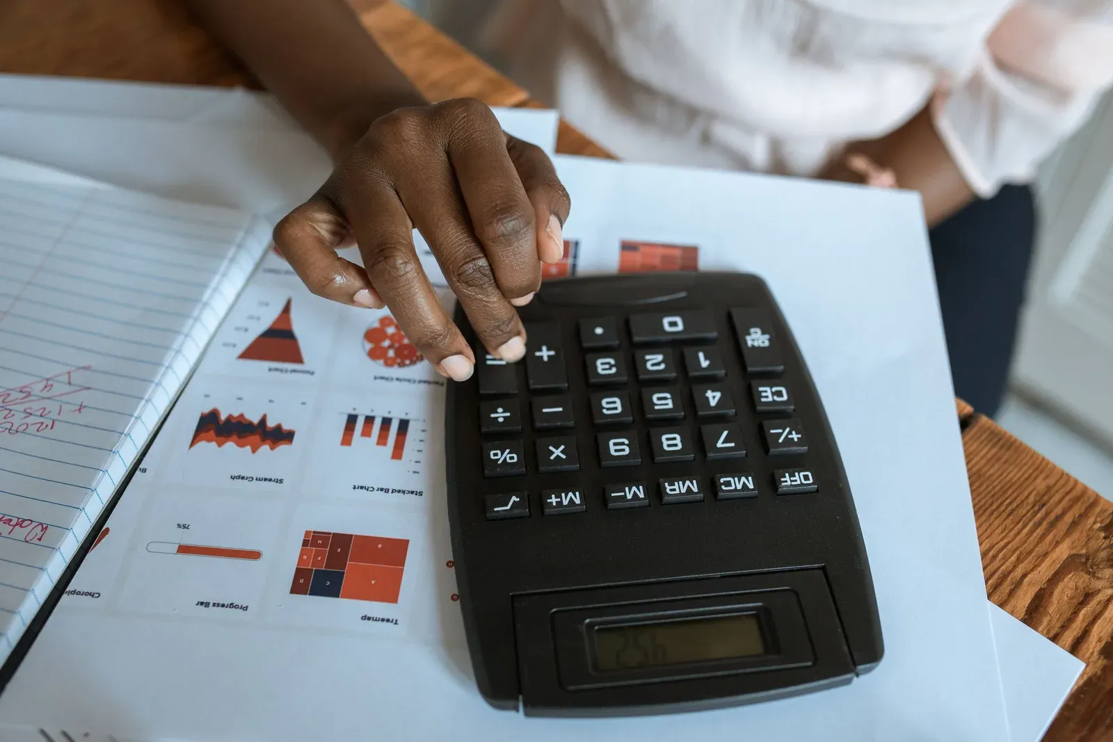Hand op een rekenmachine naast uitgeprinte rapporten met grafieken