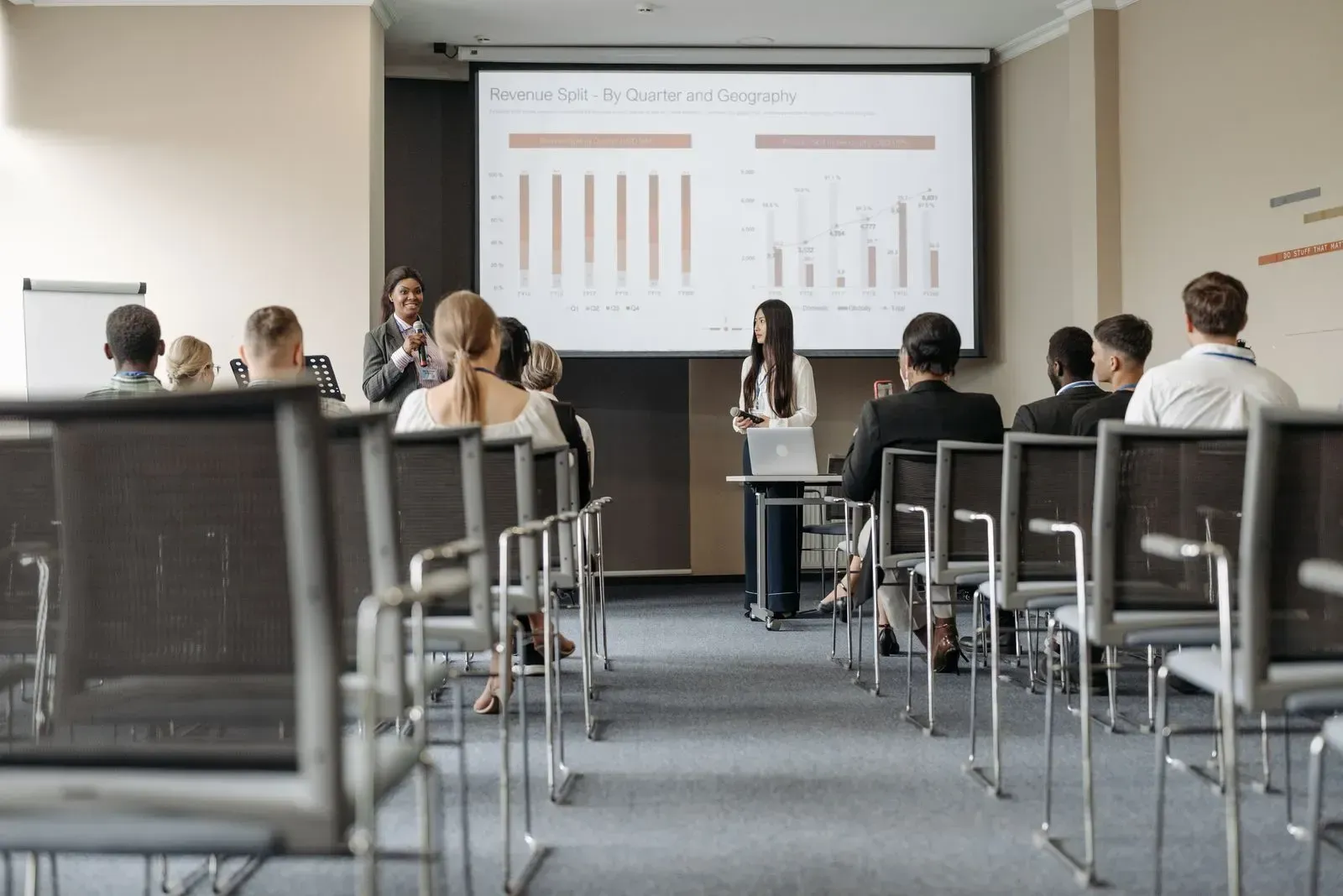 A presentation in a room with a bar chart of revenue by quarter and region on the screen